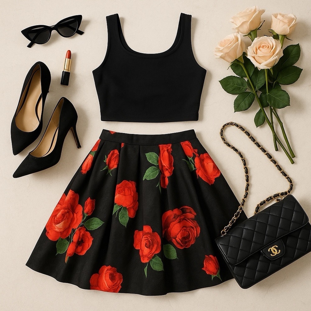 Sequin Hearts Women's Black & Red Floral Two Piece Skirt Set - Size 1